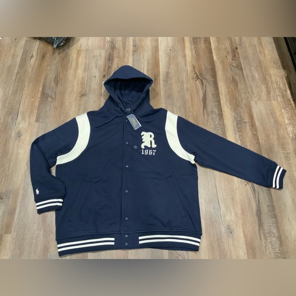 Polo Ralph Lauren Fleece Baseball Jacket Hooded Bomber Navy White Men's Sz 2XB